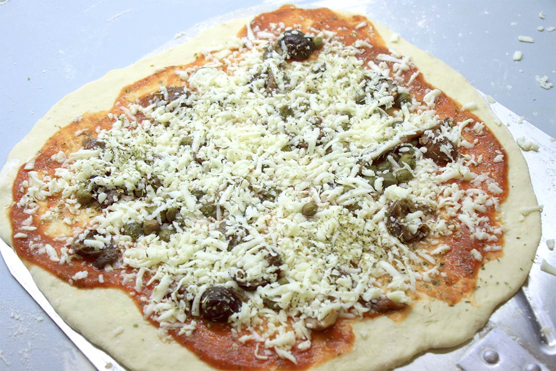 the pizza topped with cheese