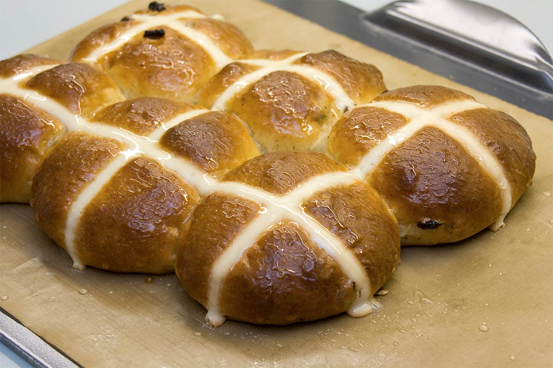 the hot cross buns after baking and glazing