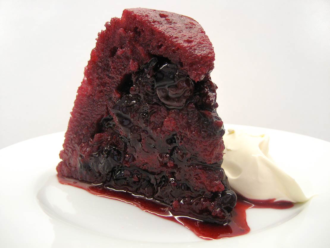a slice of the finished summer pudding