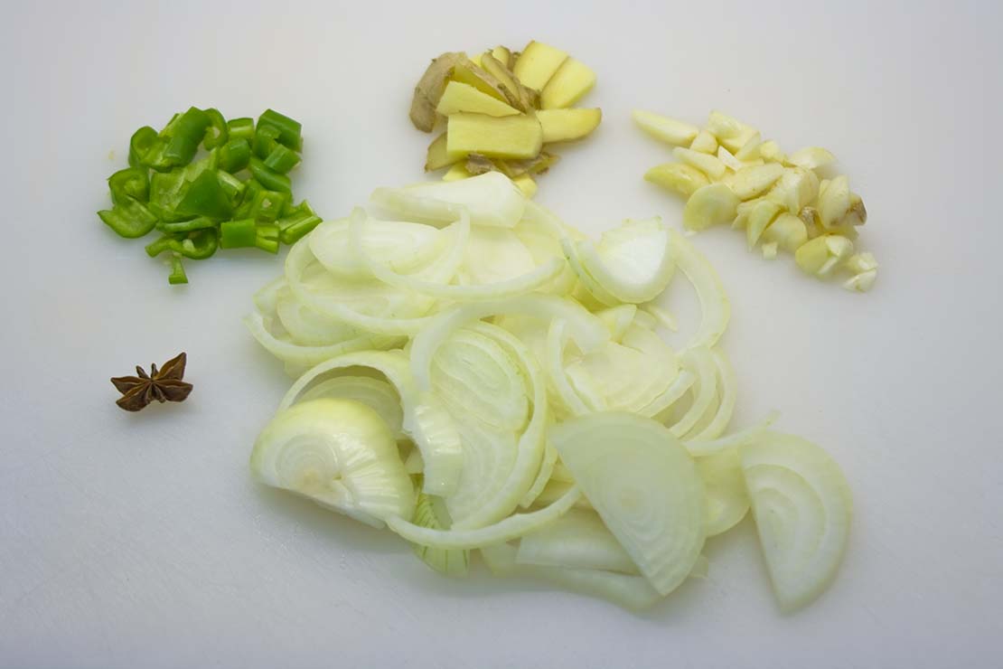 the raw, braising ingredients