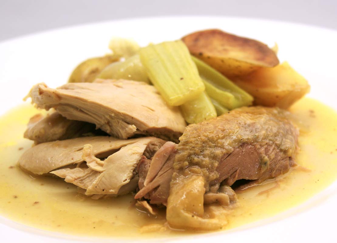 a finished plate of pot roast guinea fowl