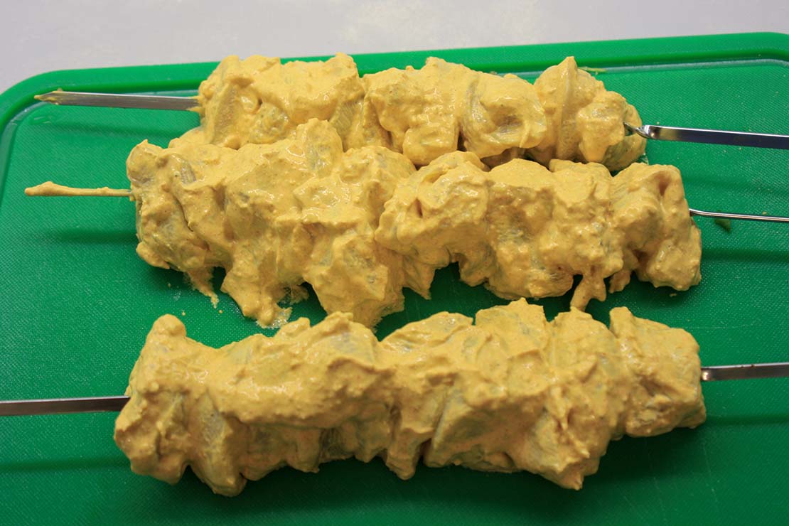 the skewered chicken pieces