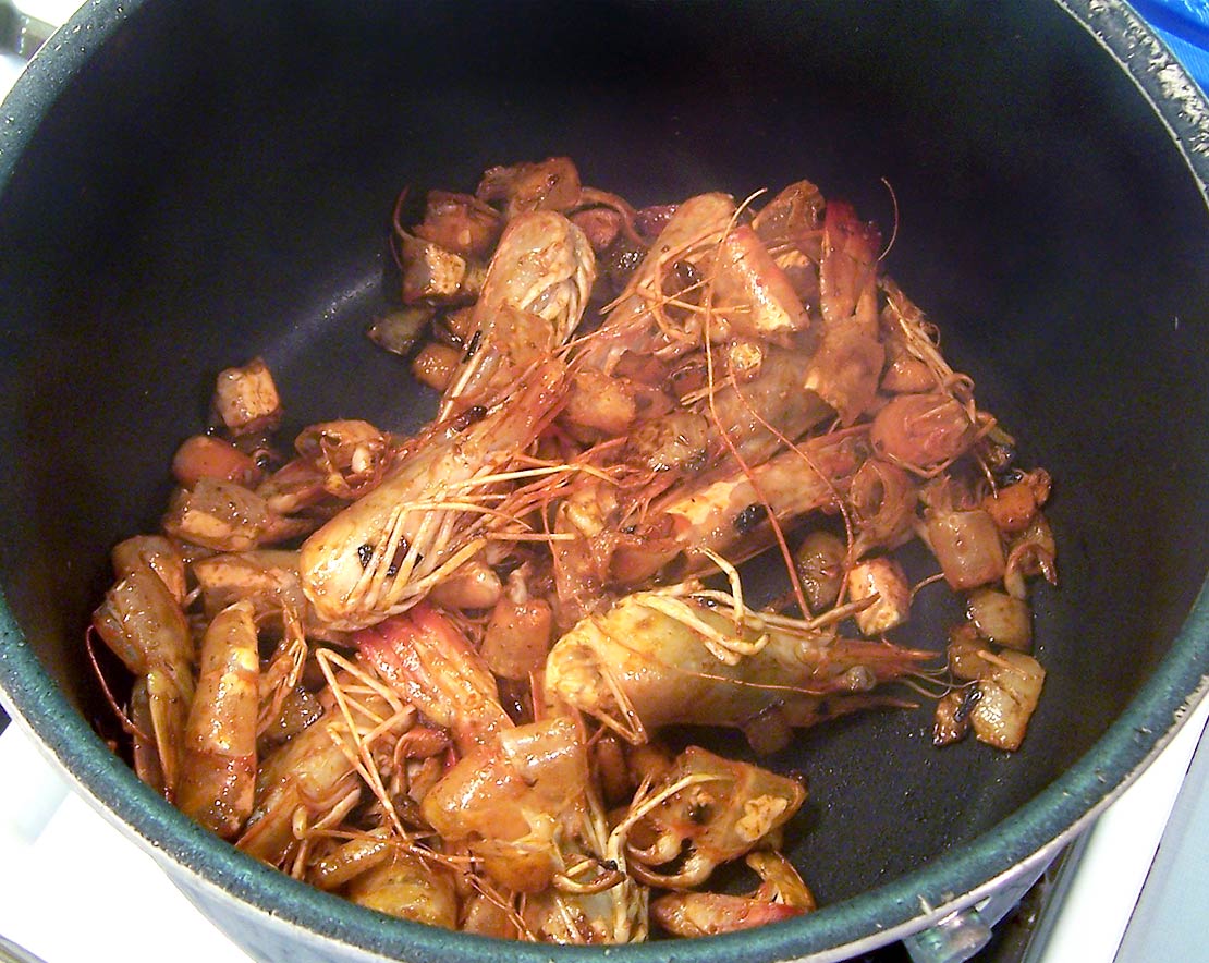 adding the prawn shells