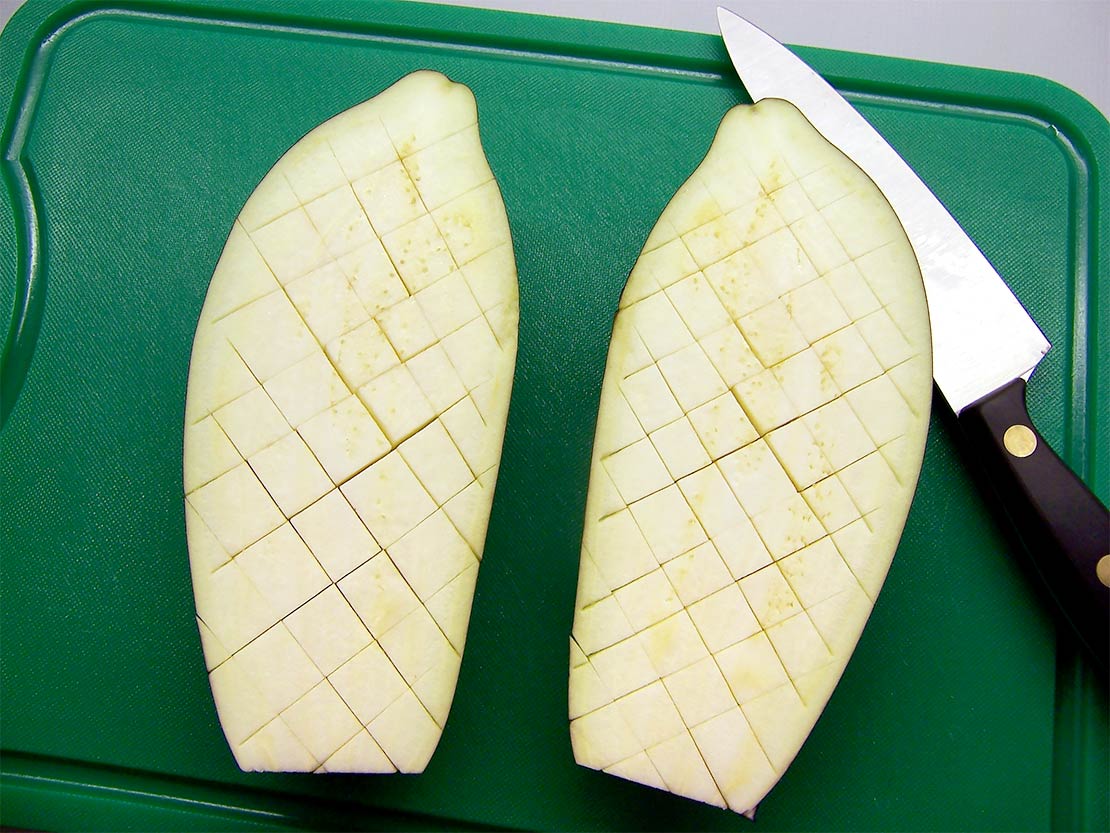 cutting the aubergine