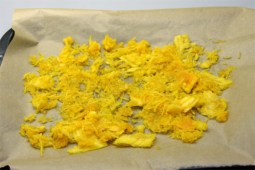 the shredded pumpkin ready to be dried