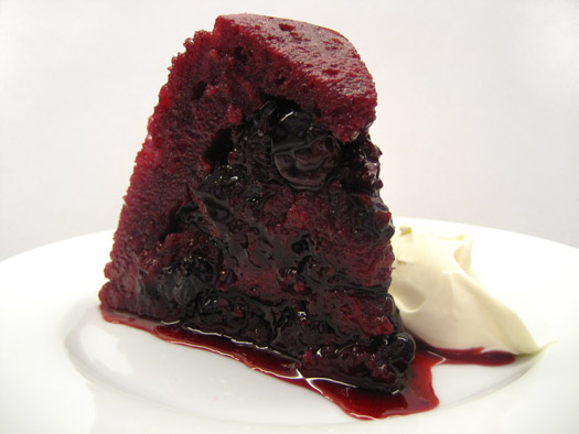 a slice of the finished summer pudding