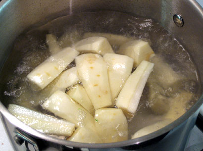 blanching the parsnips
